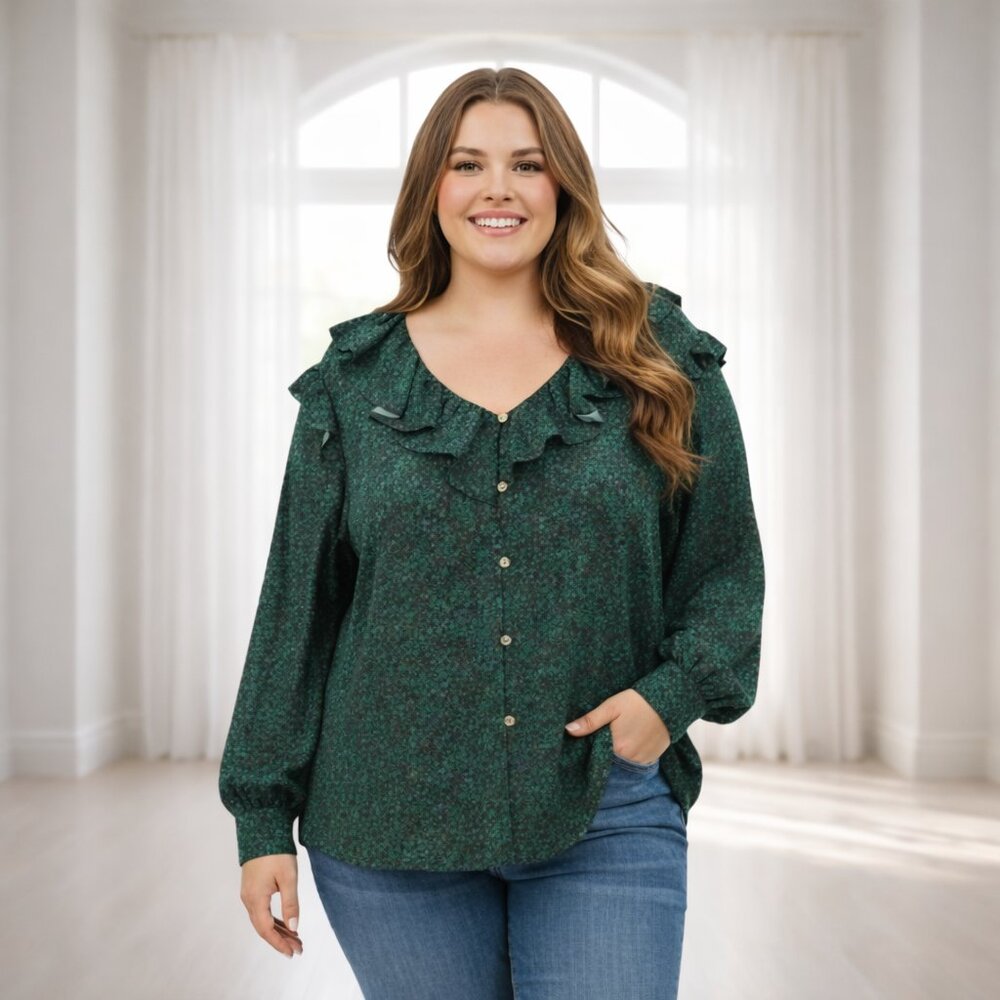 2 / $20 NWT Terra & Sky 4X Ruffle V-Neck Button Down Blouse Green Cottagecore